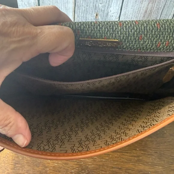 Yves Saint Laurent Olive Green Woven Crossbody with Tan Leather Trim - Picture 10 of 12
